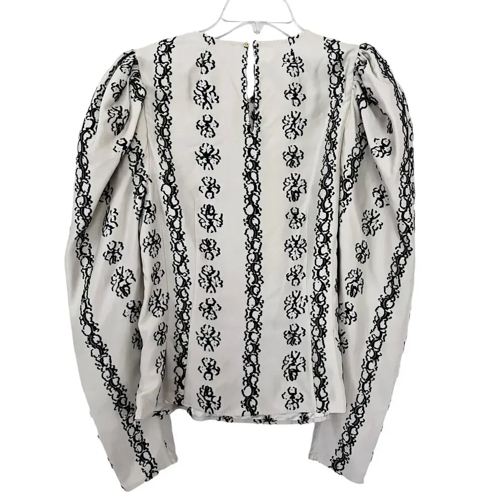 Ulla Johnson Layla Silk Floral Embroidered Puff Sleeve Ivory Blouse Size 8